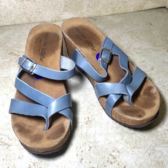 Womens Blue Leather Strappy Sandals Cork Wedge Sole Adjustable Buckle Strap - Picture 2 of 9